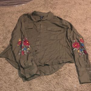Olive button down with floral sleeves